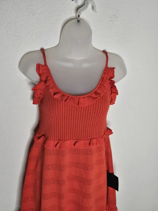 Lulus Red Orange Ruffle Strap Knit Mini Dress L Sleeveless Fit & Flare NWT - Picture 3 of 11